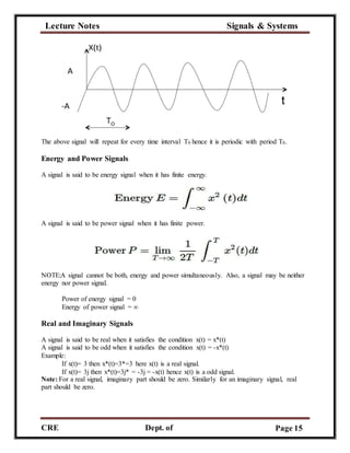 Lecture Notes Signals & Systems
CRE
C
Dept. of
ECE
Page 15
The above signal will repeat for every time interval T0 hence it is periodic with period T0.
Energy and Power Signals
A signal is said to be energy signal when it has finite energy.
A signal is said to be power signal when it has finite power.
NOTE:A signal cannot be both, energy and power simultaneously. Also, a signal may be neither
energy nor power signal.
Power of energy signal = 0
Energy of power signal = ∞
Real and Imaginary Signals
A signal is said to be real when it satisfies the condition x(t) = x*(t)
A signal is said to be odd when it satisfies the condition x(t) = -x*(t)
Example:
If x(t)= 3 then x*(t)=3*=3 here x(t) is a real signal.
If x(t)= 3j then x*(t)=3j* = -3j = -x(t) hence x(t) is a odd signal.
Note: For a real signal, imaginary part should be zero. Similarly for an imaginary signal, real
part should be zero.
 