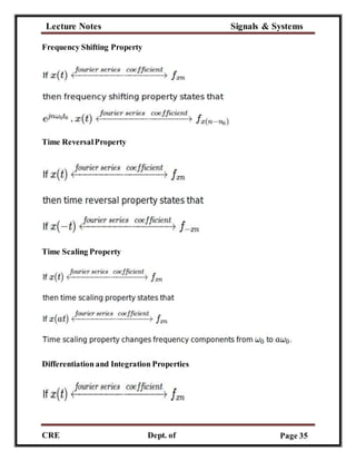 Lecture Notes Signals & Systems
CRE
C
Dept. of
ECE
Page 35
Frequency Shifting Property
Time ReversalProperty
Time Scaling Property
Differentiation and Integration Properties
 