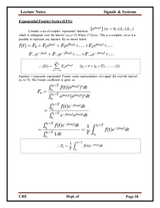 Lecture Notes Signals & Systems
CRE
C
Dept. of
ECE
Page 38
Exponential Fourier Series (EFS):
Consider a set of complex exponential functions
which is orthogonal over the interval (t0,t0+T). Where T=2π/ω0 . This is a complete set so it is
possible to represent any function f(t) as shown below
Equation 1 represents exponential Fourier series representation of a signal f(t) over the interval
(t0, t0+T). The Fourier coefficient is given as
 