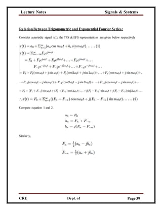 Lecture Notes Signals & Systems
CRE
C
Dept. of
ECE
Page 39
RelationBetweenTrigonometric and Exponential Fourier Series:
Consider a periodic signal x(t), the TFS & EFS representations are given below respectively
Compare equation 1 and 2.
Similarly,
 