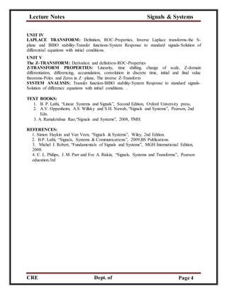 Lecture Notes Signals & Systems
CRE
C
Dept. of
ECE
Page 4
UNIT IV
LAPLACE TRANSFORM: Definition, ROC-Properties, Inverse Laplace transforms-the S-
plane and BIBO stability-Transfer functions-System Response to standard signals-Solution of
differential equations with initial conditions.
UNIT V
The Z–TRANSFORM: Derivation and definition-ROC-Properties
Z-TRANSFORM PROPERTIES: Linearity, time shifting, change of scale, Z-domain
differentiation, differencing, accumulation, convolution in discrete time, initial and final value
theorems-Poles and Zeros in Z –plane, The inverse Z-Transform
SYSTEM ANALYSIS: Transfer function-BIBO stability-System Response to standard signals-
Solution of difference equations with initial conditions. .
TEXT BOOKS:
1. B. P. Lathi, “Linear Systems and Signals”, Second Edition, Oxford University press,
2. A.V. Oppenheim, A.S. Willsky and S.H. Nawab, “Signals and Systems”, Pearson, 2nd
Edn.
3. A. Ramakrishna Rao,“Signals and Systems”, 2008, TMH.
REFERENCES:
1. Simon Haykin and Van Veen, “Signals & Systems”, Wiley, 2nd Edition.
2. B.P. Lathi, “Signals, Systems & Communications”, 2009,BS Publications.
3. Michel J. Robert, “Fundamentals of Signals and Systems”, MGH International Edition,
2008.
4. C. L. Philips, J. M. Parr and Eve A. Riskin, “Signals, Systems and Transforms”, Pearson
education.3rd
 