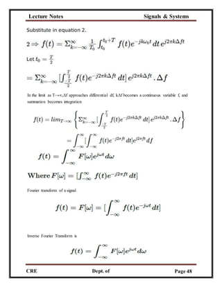 Lecture Notes Signals & Systems
CRE
C
Dept. of
ECE
Page 48
In the limit as T→∞,Δf approaches differential df, kΔf becomes a continuous variable f, and
summation becomes integration
Fourier transform of a signal
Inverse Fourier Transform is
 