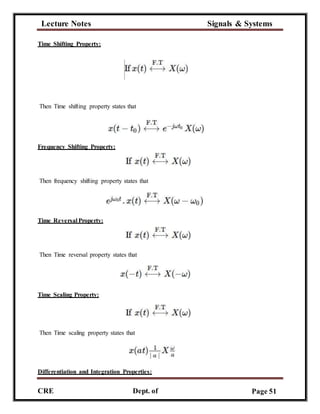 Lecture Notes Signals & Systems
CRE
C
Dept. of
ECE
Page 51
Time Shifting Property:
Then Time shifting property states that
Frequency Shifting Property:
Then frequency shifting property states that
Time Reversal Property:
Then Time reversal property states that
Time Scaling Property:
Then Time scaling property states that
Differentiation and Integration Properties:
 