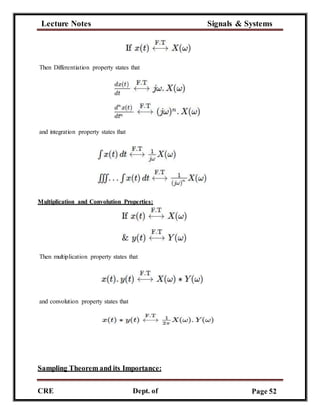 Lecture Notes Signals & Systems
CRE
C
Dept. of
ECE
Page 52
Then Differentiation property states that
and integration property states that
Multiplication and Convolution Properties:
Then multiplication property states that
and convolution property states that
Sampling Theorem and its Importance:
 