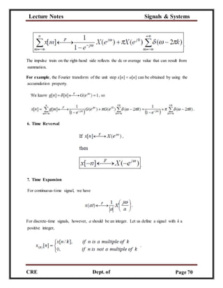 Lecture Notes Signals & Systems
CRE
C
Dept. of
ECE
Page 70
The impulse train on the right-hand side reflects the dc or average value that can result from
summation.
For example, the Fourier transform of the unit step x[n]  u[n] can be obtained by using the
accumulation property.
6. Time Reversal
7. Time Expansion
For continuous-time signal, we have
For discrete-time signals, however, a should be an integer. Let us define a signal with k a
positive integer,
 