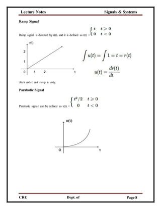 Lecture Notes Signals & Systems
CRE
C
Dept. of
ECE
Page 8
Ramp Signal
Ramp signal is denoted by r(t), and it is defined as r(t) =
Area under unit ramp is unity.
Parabolic Signal
Parabolic signal can be defined as x(t) =
 