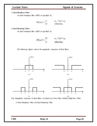 Lecture Notes Signals & Systems
CRE
C
Dept. of
ECE
Page 81
3. Ideal Bandpass Filter:
An ideal bandpass filter (BPF) is specified by
4. Ideal Bandstop Filter:
An ideal bandstop filter (BSF) is specified by
The following figures shows the magnitude responses of ideal filters
Fig: Magnitude responses of ideal filters (a) Ideal Low-Pass Filter (b)Ideal High-Pass Filter
© Ideal Bandpass Filter (d) Ideal Bandstop Filter
 