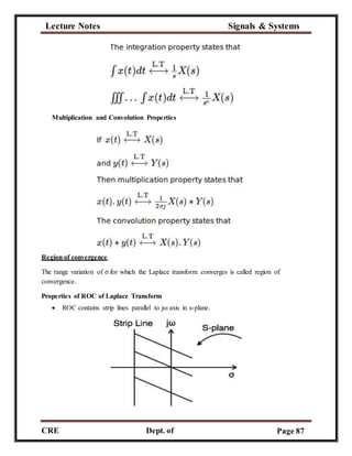 Lecture Notes Signals & Systems
CRE
C
Dept. of
ECE
Page 87
Multiplication and Convolution Properties
Region of convergence.
The range variation of σ for which the Laplace transform converges is called region of
convergence.
Properties of ROC of Laplace Transform
 ROC contains strip lines parallel to jω axis in s-plane.
 