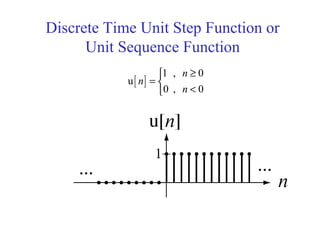 Discrete Time Unit Step Function or
Unit Sequence Function
[ ]
1 , 0
u
0 , 0
n
n
n
≥
= 
<
 