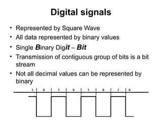 Digital signals
• Represented by Square Wave
• All data represented by binary values
• Single Binary Digit – Bit
• Transmission of contiguous group of bits is a bit
stream
• Not all decimal values can be represented by
binary
1 0 1 0 1 0 1 0
 