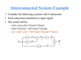 Interconnected System Example
• Consider the following systems with 4 subsystem
• Each subsystem transforms it input signal
• The result will be:
– y3(t)=y1(t)+y2(t)=T1[x(t)]+T2[x(t)]
– y4(t)=T3[y3(t)]= T3(T1[x(t)]+T2[x(t)])
– y(t)= y4(t)* y5(t)= T3(T1[x(t)]+T2[x(t)])* T4[x(t)]
 