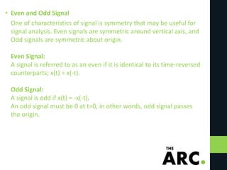 • Even and Odd Signal
One of characteristics of signal is symmetry that may be useful for
signal analysis. Even signals ar...