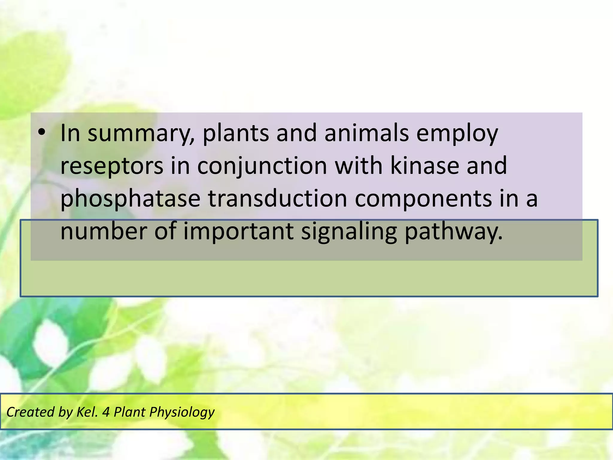 • In summary, plants and animals employ
reseptors in conjunction with kinase and
phosphatase transduction components in a
number of important signaling pathway.
Created by Kel. 4 Plant Physiology
 
