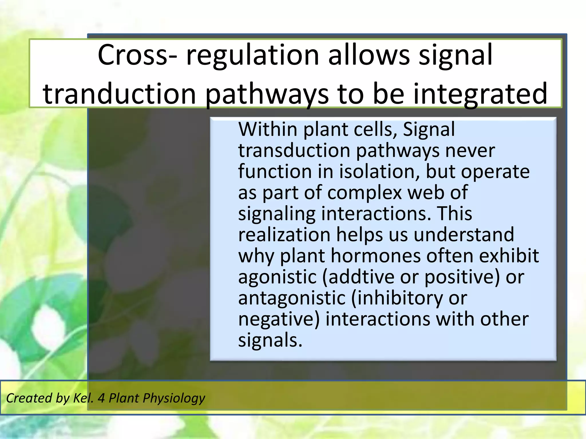 Cross- regulation allows signal
tranduction pathways to be integrated
Created by Kel. 4 Plant Physiology
Within plant cells, Signal
transduction pathways never
function in isolation, but operate
as part of complex web of
signaling interactions. This
realization helps us understand
why plant hormones often exhibit
agonistic (addtive or positive) or
antagonistic (inhibitory or
negative) interactions with other
signals.
 