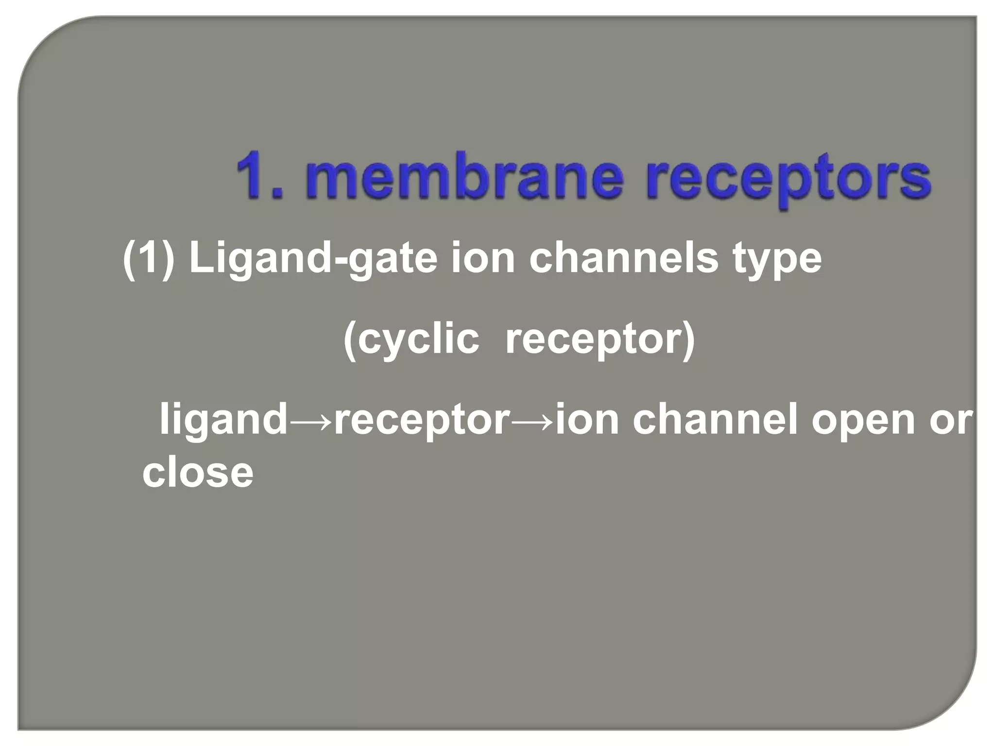 (1) Ligand-gate ion channels type
(cyclic receptor)
ligand→receptor→ion channel open or
close
 