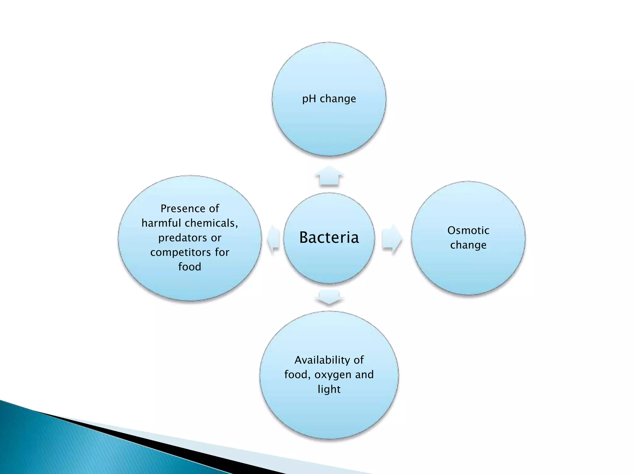 Bacteria
pH change
Osmotic
change
Availability of
food, oxygen and
light
Presence of
harmful chemicals,
predators or
competitors for
food
 