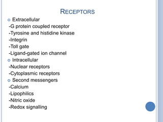 RECEPTORS
 Extracellular
-G protein coupled receptor
-Tyrosine and histidine kinase
-Integrin
-Toll gate
-Ligand-gated ion channel
 Intracellular
-Nuclear receptors
-Cytoplasmic receptors
 Second messengers
-Calcium
-Lipophilics
-Nitric oxide
-Redox signalling
 