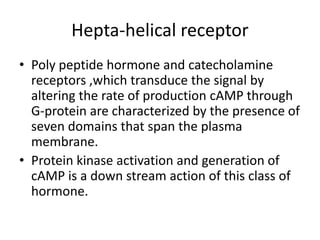 Hepta-helical receptor
• Poly peptide hormone and catecholamine
receptors ,which transduce the signal by
altering the rate of production cAMP through
G-protein are characterized by the presence of
seven domains that span the plasma
membrane.
• Protein kinase activation and generation of
cAMP is a down stream action of this class of
hormone.
 