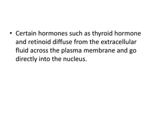 • Certain hormones such as thyroid hormone
and retinoid diffuse from the extracellular
fluid across the plasma membrane and go
directly into the nucleus.
 