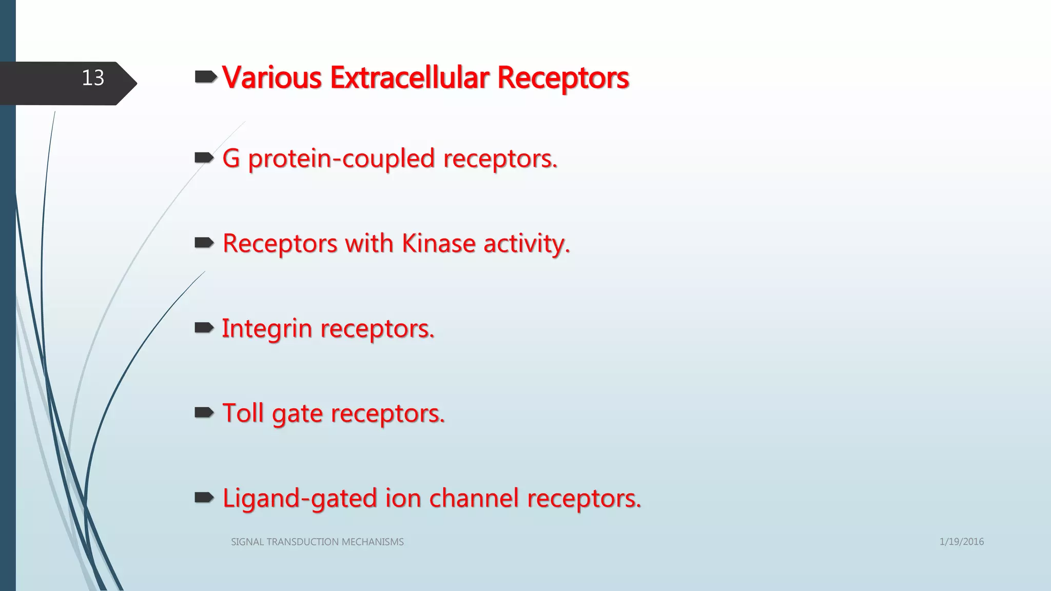 Various Extracellular Receptors
 G protein-coupled receptors.
 Receptors with Kinase activity.
 Integrin receptors.
 Toll gate receptors.
 Ligand-gated ion channel receptors.
1/19/2016SIGNAL TRANSDUCTION MECHANISMS
13
 