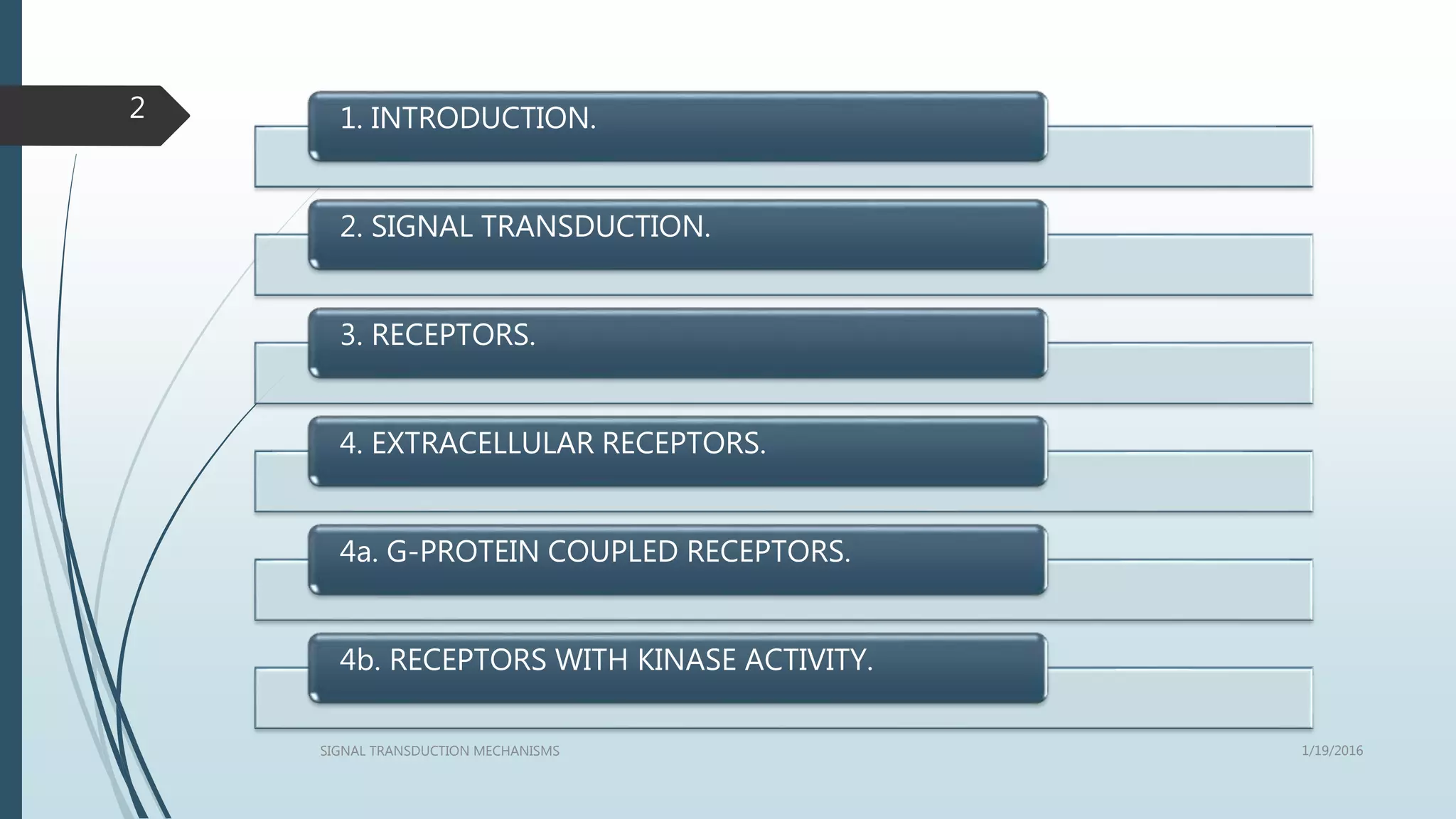 1. INTRODUCTION.
2. SIGNAL TRANSDUCTION.
3. RECEPTORS.
4. EXTRACELLULAR RECEPTORS.
4a. G-PROTEIN COUPLED RECEPTORS.
4b. RECEPTORS WITH KINASE ACTIVITY.
1/19/2016SIGNAL TRANSDUCTION MECHANISMS
2
 