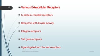 Various Extracellular Receptors
 G protein-coupled receptors.
 Receptors with Kinase activity.
 Integrin receptors.
 Toll gate receptors.
 Ligand-gated ion channel receptors.
1/19/2016SIGNAL TRANSDUCTION MECHANISMS
13
 