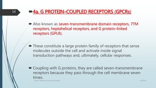4a. G PROTEIN–COUPLED RECEPTORS (GPCRs)
 Also known as seven-transmembrane domain receptors, 7TM
receptors, heptahelical receptors, and G protein–linked
receptors (GPLR).
 These constitute a large protein family of receptors that sense
molecules outside the cell and activate inside signal
transduction pathways and, ultimately, cellular responses.
 Coupling with G proteins, they are called seven-transmembrane
receptors because they pass through the cell membrane seven
times.
1/19/2016SIGNAL TRANSDUCTION MECHANISMS
14
 