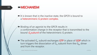 MECHANISM
 It is known that in the inactive state, the GPCR is bound to
a heterotrimeric G protein complex.
 Binding of an agonist to the GPCR results in
a conformation change in the receptor that is transmitted to the
bound Gαsubunit of the heterotrimeric G protein.
 The activated Gα subunit exchanges GTP in place of GDP which in
turn triggers the dissociation of Gα subunit from the Gβγ dimer
and from the receptor.
1/19/2016SIGNAL TRANSDUCTION MECHANISMS
19
 