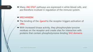  Many JAK-STAT pathways are expressed in white blood cells, and
are therefore involved in regulation of the immune system.
 MECHANISM.
 The binding of the ligand to the receptor triggers activation of
JAKs.
 With increased kinase activity, they phosphorylate tyrosine
residues on the receptor and create sites for interaction with
proteins that contain phosphotyrosine-binding SH2 domains.
1/19/2016SIGNAL TRANSDUCTION MECHANISMS
49
 