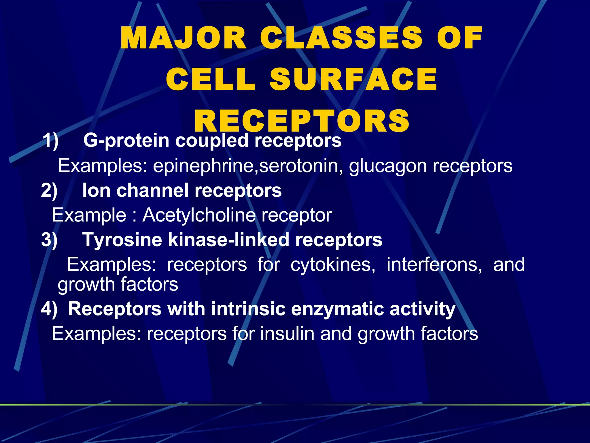 MAJOR CLASSES OF CELL SURFACE RECEPTORS 1)       G-protein coupled receptors Examples: epinephrine,serotonin, glucagon receptors 2)       Ion channel receptors Example : Acetylcholine receptor 3)       Tyrosine kinase-linked receptors Examples: receptors for cytokines, interferons, and growth factors 4)    Receptors with intrinsic enzymatic activity Examples: receptors for insulin and growth factors 