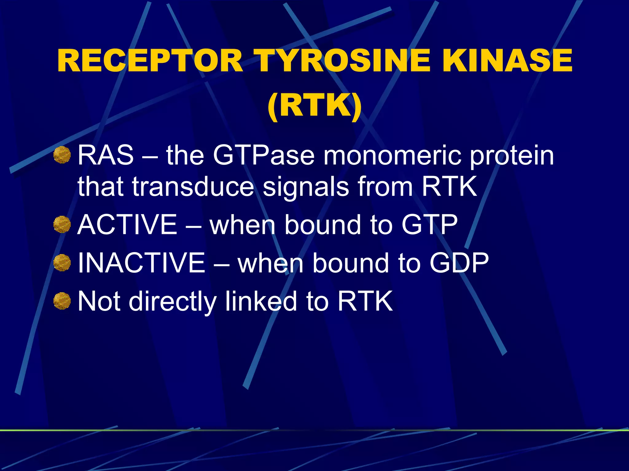 RECEPTOR TYROSINE KINASE (RTK) RAS – the GTPase monomeric protein that transduce signals from RTK ACTIVE – when bound to GTP INACTIVE – when bound to GDP Not directly linked to RTK 