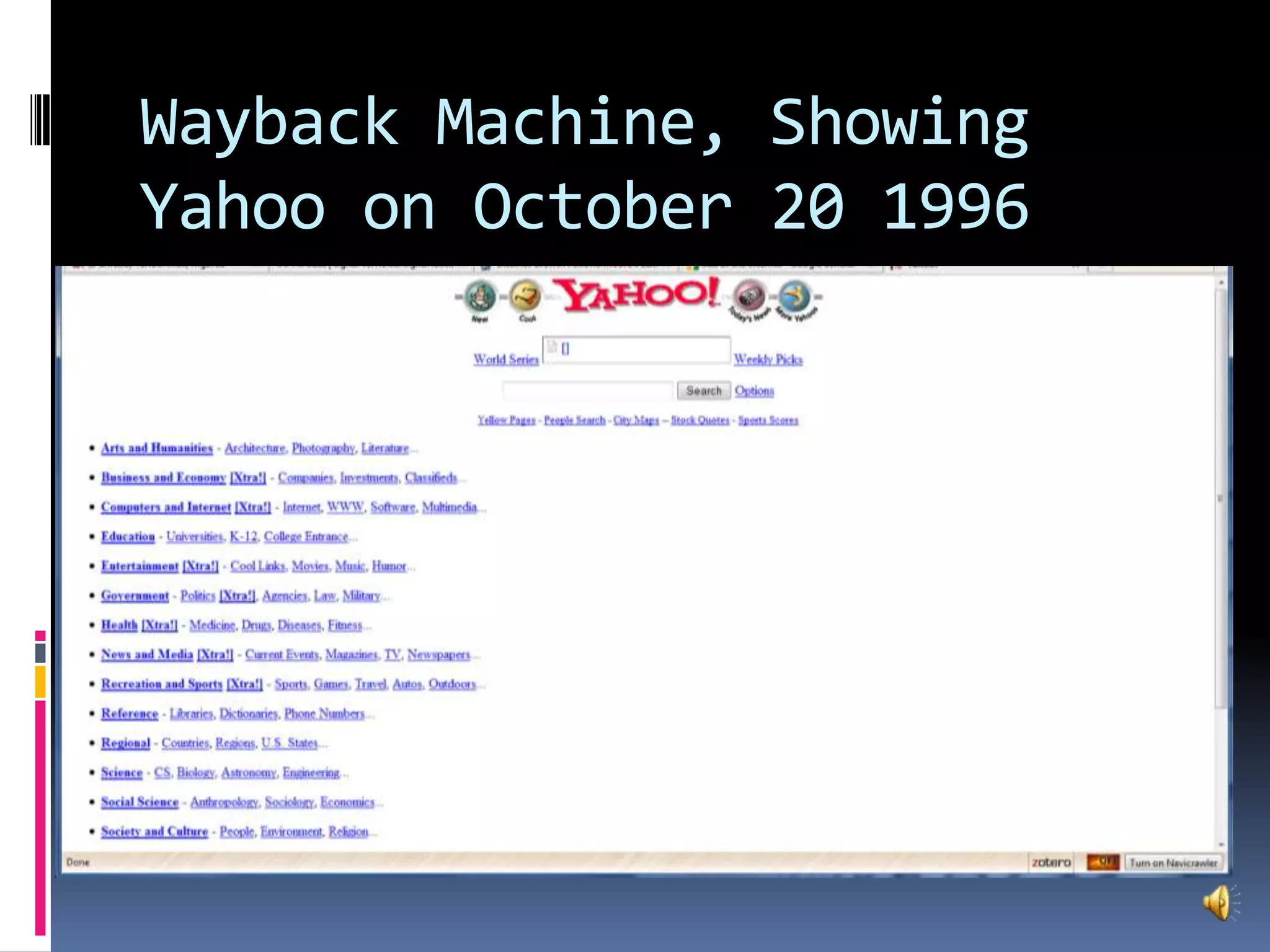 Wayback Machine, Showing Yahoo on October 20 1996