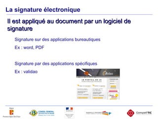 Signature sur des applications bureautiques Ex : word, PDF Signature par des applications spécifiques Ex : validao La signature électronique Il est appliqué au document par un logiciel de signature 