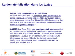 Loi du 13/03/2000 et Décret du 30/03/2001 Art 1316-1 du Code civil : « L'écrit sous forme électronique est admis en preuve au même titre que l'écrit sur support papier ,  sous réserve que puisse être dûment identifiée la personne dont il émane et qu'il soit établi et conservé dans des conditions de nature à en garantir l'intégrité . » Art1316-4  du Code Civil:  « La signature électronique  consiste en l'usage d'un procédé fiable d'identification garantissant son lien avec l'acte auquel elle s'attache. La fiabilité de ce procédé est présumée, jusqu'à preuve contraire, lorsque la signature électronique est créée, l'identité du signataire assurée et l'intégrité de l'acte garantie, dans des conditions fixées par décret en Conseil d'Etat. » La dématérialisation dans les textes 