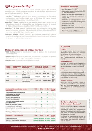 CertEurope, Opérateur
de Services de e-ConfianceTM
CertEurope conçoit des applications qui sécurisent
les échanges électroniques.	
Ses certificats numériques et ses services de
signature, d’horodatage et d’archivage électroniques
sont utilisés pour garantir la confidentialité et
la traçabilité des échanges.
CertEurope est prestataire de Services de
Certification qualifié conforme à l’arrêté du 26
juillet 2004 et à la spécification européenne
ETSI/TS 101456.
Marquedéposée®
	aressy.com-09/10-5559
Xxxxxxx
 Xxxxxx
CertEurope 34-36, rue de la Folie Regnault - 75011 Paris - Tél. : 01 45 26 72 00 - Fax : 01 45 26 72 01 - info@certeurope.fr
www.certeurope.fr
Références techniques
 Java, Java Applet, IAIK, JCAPI
 Signature effectuée avec des certificats X509
v3. Liste de révocation v2
 Respect des standards et normes PKCS#7,
PKCS#11, PKCS#12, CSP, RSA, SHA-1,
BASE64, PDF 1.7
 Identification par code application au service
 Interface HTTPwS pour le téléchargement
et l’envoi de données
 Navigateurs : IE, Firefox
 Systèmes d’exploitation : Windows 2000, XP
et Vista Seven
 Machine Virtuelle Java JRE SUN v1.5 +
Ils l’utilisent…
Infogreffe
Le Groupement des Greffiers de Tribunaux
de Commerce utilise CertSign pour faire signer
les demandes d’injonctions de payer. 	
Cette procédure de recouvrement de créance
peut à présent s’effectuer intégralement sur
Internet.
Synergie Assurance
La société de courtage et de comparateur de
mutuelle propose aux internautes de signer
électroniquement leur contrat avec CertSign.
MCEL
Le spécialiste des nouvelles technologies
d’information et de communication dans le
monde des assurance utilise CertSign pour
diffuser la signature électronique auprès des
intermédiaires en assurances.
Culture et formation
La première école de secrétariat médical par
correspondance en France utilise CertSign
pour faire souscrire en ligne ses prospects
à sa formation et au crédit nécessaire pour
la financer.
Une signature électronique est réalisée à l’aide d’un outil de signature et d’un certificat
électronique qui garantit l’identité du signataire. À chaque niveau d’authentification
requis correspond un produit CertSign.
• CertSign™ 1 clic, pack tout en un avec signature électronique + certificat logiciel
ne nécessitant pas d’installation sur le poste de l’utilisateur. Idéal pour la signature
des contrats de voyage, d’assurance, d’abonnement…
• CertSign™ 2 clics, pack	tout en un avec signature électronique + certificat logiciel
à installer sur le poste de l’utilisateur. Idéal pour des besoins combinés de signature
et d’authentification (signatures de bons de commande, d’avenants…).
• CertSign™ 3 clics, signature compatible avec les certificats du marché. Idéal
pour s’adresser aux entreprises déjà équipées de certificats référencés par l’Etat et
maximiser la sécurité juridique des échanges.
• CertSign Serveur™, service permettant la signature électronique de documents
en lot ou à l’unité au nom d’une entreprise ou d’une autre entité morale. Idéal pour
la signature de factures, bulletins de paie…
Une approche adaptée à chaque marché :
• B2C CertSign booste les sites de e-commerce. En quelques clics les prospects
deviennent clients.
• B2B CertSign dynamise les échanges avec les prestataires et partenaires : en quelques
clics, on évite l’envoi du papier et on simplifie les process.
• B2A CertSign accélère les démarches administratives.
Produits
CertSign
Authentification
Intégrité
Non répudiation
Type de certificat
électronique
Durée de vie
du certificat
Outils de
signature
Cible
1 Clic Logiciel chez CertEurope à l’acte Signature serveur B2C
2 Clics
Logiciel sur le poste
du client
1, 2 ou 3 ans Applet Java
B2C,
B2B
3 Clics
Sur poste ou clé
cryptographique
2 ou 3 ans Applet Java
B2B,
B2A
Serveur
Sécurisé dans un HSM
chez CertEurope
1, 2 ou 3 ans Signature serveur
B2C,
B2B,
B2A
Fonctionnalités associées aux services
de signature
1 Clic 2 Clics 3 Clics Certsign
Serveur
Fonctionne avec des certificats logiciels
Fonctionne avec des certificats
sur support cryptographique
Signature de fichiers distants
Signature de fichiers locaux
transmission des données de signatures
sur un serveur distant
Gestion des documents à signer NA
interface spécifique de signature API API
Personnalisation de cette interface : logo et couleurs NA en option en option NA
Génération de preuves
horodatage de la signature
Association à d’autres services 1 Clic 2 Clics 3 Clics Certsign
Serveur
Coffre-fort électronique en option en option en option en option
Archivage à valeur probante de signature en option en option en option en option
La gamme CertSignTM
urope™
by CertEurope
CertiD@te™
by CertEurope
111010101011100010
111010101011100010
111010101011100010
111010101011100010
111010101011100010
111010101011100010
LISATION
by CertEurope
CertSign™
by CertEurope
101011010100101101010110011010111010101011100010
101011010100101101010110011010111010101011100010
101011010100101101010110011010111010101011100010
101011010100101101010110011010111010101011100010
101011010100101101010110011010111010101011100010
101011010100101101010110011010111010101011100010
1
10
01101100 0 1
01
11
1
0
10101101010010
10101101010010
10101101010010
10101101010010
10101101010010
10101101010010
1
00
0
0
0
0
0
0
0
1
1
1
1
1
1
1 1
1
1
0
0
1
1 1
0
100101
1
0
0
1101100 0 1 0 1
0
10101101010010
10101101010010
10101101010010
10101101010010
10101101010010
10101101010010
1
100
1101100
0
1
01
11
10
 