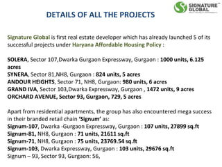 DETAILS OF ALL THE PROJECTS
Signature Global is first real estate developer which has already launched 5 of its
successful projects under Haryana Affordable Housing Policy :
SOLERA, Sector 107,Dwarka Gurgaon Expressway, Gurgaon : 1000 units, 6.125
acres
SYNERA, Sector 81,NH8, Gurgaon : 824 units, 5 acres
ANDOUR HEIGHTS, Sector 71, NH8, Gurgaon: 980 units, 6 acres
GRAND IVA, Sector 103,Dwarka Expressway, Gurgaon , 1472 units, 9 acres
ORCHARD AVENUE, Sector 93, Gurgaon, 729, 5 acres
Apart from residential apartments, the group has also encountered mega success
in their branded retail chain ‘Signum’ as:
Signum-107, Dwarka -Gurgaon Expressway, Gurgaon : 107 units, 27899 sq.ft
Signum-81, NH8, Gurgaon : 71 units, 21611 sq.ft
Signum-71, NH8, Gurgaon : 75 units, 23769.54 sq.ft
Signum-103, Dwarka Expressway, Gurgaon : 103 units, 29676 sq.ft
Signum – 93, Sector 93, Gurgaon: 56,
 