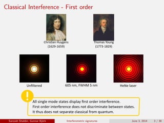 Classical Interference - First order
Unﬁltered 605	nm,	FWHM	5	nm HeNe	laser
Chris�an	Huygens
(1629-1659)
Thomas	Young
(1773-1829)
All	single	mode	states	display	ﬁrst	order	interference.
First	order	interference	does	not	discriminate	between	states.
It	thus	does	not	separate	classical	from	quantum.
Saroosh Shabbir, Gunnar Bj¨ork Interferometric signatures June 3, 2014 3 / 38
 