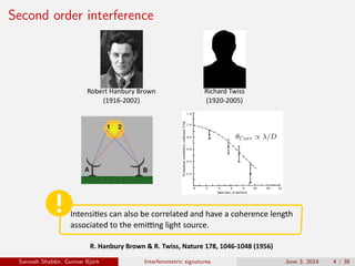 Second order interference
Robert	Hanbury	Brown
(1916-2002)
Richard	Twiss
(1920-2005)
Intensi�es	can	also	be	correlated	and	have	a	coherence	length
associated	to	the	emi�ng	light	source.
R.	Hanbury	Brown	&	R.	Twiss,	Nature	178,	1046-1048	(1956)
Saroosh Shabbir, Gunnar Bj¨ork Interferometric signatures June 3, 2014 4 / 38
 
