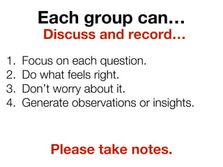Each group can…
1. Focus on each question.
2. Do what feels right.
3. Don’t worry about it.
4. Generate observations or insights.
Discuss and record…
Please take notes.
 
