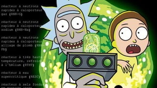 réacteur à neutrons
rapides à caloporteur
gaz (RNR-G)
réacteur à neutrons
rapides à caloporteur
sodium (RNR-Na)
réacteur à neutrons
rapides à caloporteur
alliage de plomb (RNR-
Pb)
réacteur à très haute
température, refroidi
à l’hélium (RTHT)
réacteur à eau
supercritique (RESC)
réacteur à sels fondus
 