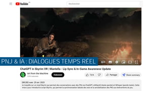 Je travaille sur un mod Skyrim qui permet des conversations avec des PNJ via ChatGPT, xVASynth (texte-parole) et Whisper (parole-texte). Cette
mise à jour introduit le script Skyrim, qui permet la synchronisation labiale des voix et la sensibilisation des PNJ aux événements du jeu.
RÉEL
PNJ & IA : DIALOGUES TEMPS RÉEL
 