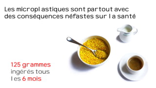 Les microplastiques sont partout avec
des conséquences néfastes sur la santé
125 grammes
ingérés tous
les 6 mois
 