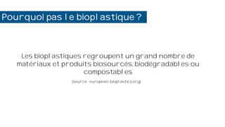 Les bioplastiques regroupent un grand nombre de
matériaux et produits biosourcés, biodégradables ou
compostables
(source : european-bioplastics.org)
Pourquoi pas le bioplastique ?
 