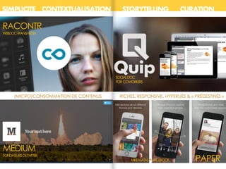 SIMPLICITE CONTEXTUALISATION STORYTELLING CURATION
MEDIUM
FONDATEURSDETWITTER
MIKEMATAS+FACEBOOK PAPER
RACONTR
WEBDOC-TRANSMEDIA
(MICRO)CONSOMMATION DE CONTENUS RICHES, RESPONSIVE, HYPERLIÉS & « PRÉDESTINÉS »
SOCIALDOC
FOR COWORKERS
 