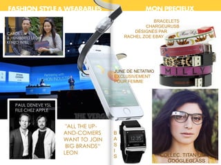 FASHION STYLE & WEARABLES MON PRECIEUX
BRACELETS
CHARGEURUSB
DÉSIGNÉS PAR
RACHEL ZOE EBAY
B
A
S
I
S
JUNE DE NETATMO
EXCLUSIVEMENT
POUR FEMME
COLLEC. TITANIUM
GOOGLEGLASS
"ALL THE UP-
AND-COMERS
WANT TO JOIN
BIG BRANDS“
LEON
CAROL LIM
& HUMBERTO LEON
KENZO INTEL
PAUL DENEVE YSL
FILE CHEZ APPLE
 