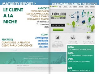 MATURITY REPORT ? RECOMMANDATION PREDICTIVE
RELATEDIQ
CURATIONDE LARELATION
CLIENTSPARLADATASCIENCE
ANTVOICE
PERSONNALISATION
DESRECOMANDATIONS
CONTENUS FIGARO/
ECOMMERCE TIC&TAC
Tx de clics x2
Tx conversion
+40%
CRM
CUSTOMERRELATIONMANAGEMENT
CEM
CUSTOMEREXPERIENCEMANAGEMENT
VRM
VENDORRELATIONMANAGEMENT
…………….
CRI
CUSTOMERRELATIONINTELLIGENCE
LE CLIENT
A LA
NICHE
ACCOR
L'intelligence
artificielle
au service
du client
 