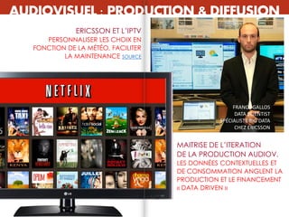 AUDIOVISUEL : PRODUCTION & DIFFUSION
MAITRISE DE L’ITERATION
DE LA PRODUCTION AUDIOV.
LES DONNÉES CONTEXTUELLES ET
DE CONSOMMATION ANGLENT LA
PRODUCTION ET LE FINANCEMENT
« DATA DRIVEN »
ERICSSON ET L’IPTV
PERSONNALISER LES CHOIX EN
FONCTION DE LA MÉTÉO, FACILITER
LA MAINTENANCE SOURCE
FRANCK GALLOS
DATA SCIENTIST
SPÉCIALISTE BIG DATA
CHEZ ERICSSON
 