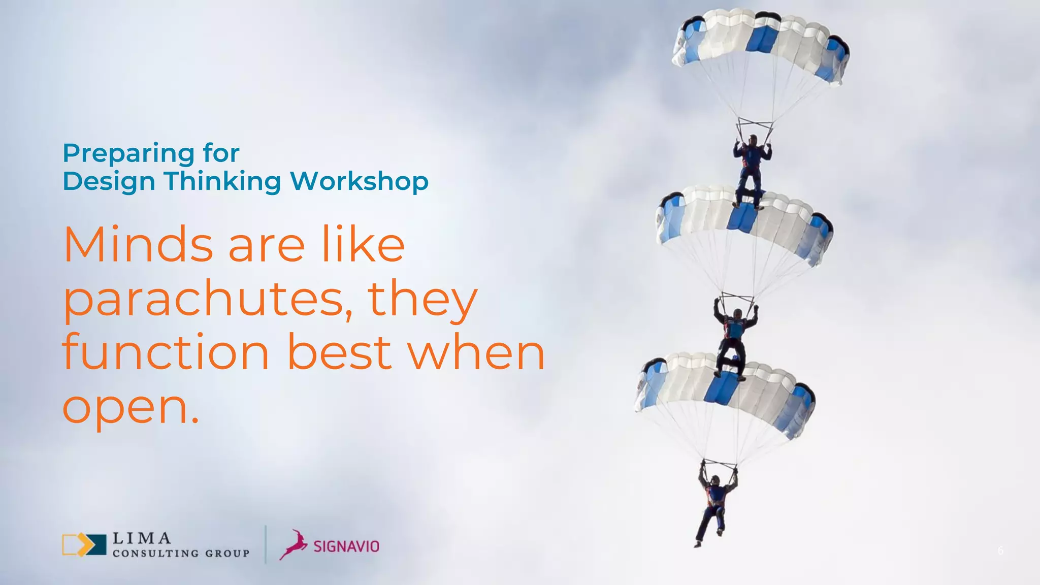 6
Preparing for
Design Thinking Workshop
Minds are like
parachutes, they
function best when
open.
 