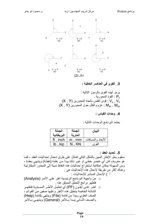 ‫برنامج‬Prokon‫اربد‬ /‫المهندسين‬ ‫تدريب‬ ‫مركز‬‫جابر‬ ‫أبو‬ ‫محمود‬ .‫م‬
Page
14
Y
X
Z
Y
X
(a) (b)
X Z
Y
Z
X
(c)
Y XZ
Z
X
Y
Z
Y
X
(d) (e)
X
Y
Z
Y
X
Y
(f)
Z
XY
Y
X
Z
Y
X
(a) (b)
X Z
Y
Z
X
(c)
Y XZ
Z
X
Y
Z
Y
X
(d) (e)
X
Y
Z
Y
X
Y
(f)
Z
XY
‫غ‬
‫نغ‬ ‫ل‬2)‫غ‬
‫غ‬
3.: ‫الخطية‬ ‫العناصر‬ ‫في‬ ‫القوى‬
:‫جريغ‬ ‫وزغمجي‬ ‫ج‬ ‫غمجاووغ‬ ‫زغجهو‬ ‫ر‬‫غ‬
Pz‫غ‬.‫ريغ‬ ‫و‬ ‫:غمجاوبغمج‬‫غ‬
Vy , Vx‫غ‬‫رنغ‬ ‫و‬ ‫غمج‬ ‫ية‬ ‫ووغمجاصغ‬ ‫:غ‬X , Y)‫غ‬
Mxx , Myy‫غ‬‫رنغ‬ ‫و‬ ‫ونغمج‬ ‫:غعزوضغمجفينغ‬X , Y‫)غ‬‫غ‬
‫غ‬
4.‫القياس‬ ‫وحدات‬:
‫غ‬
:‫جريغ‬ ‫شمتغمجي‬ ‫غمجو‬ ‫ن‬ ‫شغمج‬ ‫ي‬ ‫ر‬‫غ‬
‫غ‬
‫البيان‬‫الجملة‬
‫المترية‬
‫الجملة‬
‫البريطانية‬
‫ت‬ ‫ف‬ ‫م‬ ‫شغومج‬ ‫م‬‫غ‬m , mmft , inch
‫مجاوو‬‫غ‬N , KNlb , kip
5.: ‫العقد‬ ‫تحديد‬
‫غ‬ ‫د‬ ‫ادشغ،غ‬ ‫تغمج‬ ‫دشمثر‬ ‫نغإ‬ ‫قغإشخد‬ ‫نغعشطغا‬ ‫ث‬ ‫غ‬ ‫ج‬ ‫نغمجي‬ ‫جل‬ ‫رنغ‬ ‫غمج‬ ‫نغمإلا‬ ‫مناوضغ‬
‫ادشبغ‬ ‫غ‬ ‫ناادي)غورنيهد‬ ‫دنغعادشبغ‬ ‫دشأغ‬ ‫غر‬ ‫غوجد‬ ‫غآوغغرد‬ ‫غخاد‬ ‫نغألغعنص‬ ‫وفغف‬ ‫هوغ‬‫،غ‬
‫يرديغ‬ ‫غمجشر‬ ‫و‬ ‫يغإجطغمج‬ ‫اغنم‬ ‫غمجنا‬ ‫تغهو‬ ‫شمثر‬ ‫مجغإ‬ ‫نريغمميخ‬ ‫نغإ‬ ‫نغمجمهوجيغ‬ ‫و‬
:‫غ‬ ‫تغه‬ ‫شمثر‬ ‫غمإل‬ ‫نغهو‬ ‫رايغإلشخ‬ ‫نغا‬ ‫غ‬ ‫ث‬ ‫غأ‬ ‫وهن‬‫غ‬
:‫تغ‬ ‫شمثر‬ ‫غجإل‬ ‫ل‬ ‫نغمج‬ ‫أغغ)غمإلشخ‬‫غ‬
o‫غ‬ ‫د‬ ‫غعشدطغم‬ ‫ارمدريغمناد‬ ‫غمج‬ ‫ند‬ ‫نغومةهديغمج‬Analysis‫)غ‬
.‫غ‬ ‫ثقغعن‬ ‫ن‬ ‫شرنغمج‬ ‫غمجي‬ ‫م‬ ‫غ‬ ‫فيظه‬
o‫دد‬‫د‬‫منا‬‫غ‬‫ددونغ‬‫د‬‫ددطغأرا‬‫د‬‫عش‬PF‫غ‬ ‫دد‬‫د‬‫دديوريغفيظه‬‫د‬‫م‬ ‫غمج‬ ‫دد‬‫د‬‫ا‬ ‫ددنغم‬‫د‬‫شر‬ ‫)غألغي‬
‫دنغمجادوماضغ،غ‬ ‫غصفرنغ‬ ‫غوعشره‬ ‫ا‬ ‫غم‬ ‫شرنغهو‬ ‫ي‬ ‫صيغ‬ ‫ليغمجخ‬ ‫مجل‬
‫يغ‬ ‫ا‬ ‫نغ‬ ‫شأغ‬ ‫شولغور‬ ‫مجصفغمج‬File‫يغ‬ ‫ا‬ ‫ا‬ ‫غ‬ ‫)غورنيه‬Help‫)غ‬
‫غ‬ ‫ددد‬ ‫دددشأغ‬ ‫غر‬ ‫ن‬ ‫ومجصدددفغمجثددد‬General‫غ‬ ‫ددد‬ ‫غ‬ ‫)غورنيهددد‬
 