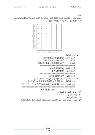 ‫برنامج‬Prokon‫اربد‬ /‫المهندسين‬ ‫تدريب‬ ‫مركز‬‫جابر‬ ‫أبو‬ ‫محمود‬ .‫م‬
Page
28
‫غ‬
:‫نغ‬ ‫ث‬‫غ‬
‫نيغ‬ ‫مد‬ ‫غمجخ‬ ‫مد‬ ‫دوبغ‬ ‫نغ‬ ‫غ‬ ‫غعش‬ ‫ج‬ ‫نغمجي‬ ‫جل‬ ‫رنيغ‬ ‫يغمج‬ ‫ا‬ ‫يا‬ ‫غمج‬ ‫ضغمجةمو‬ ‫ص‬25‫دنغ‬ ‫شردشغ‬ ‫)غومج‬
‫صنفغ‬G40)‫غ‬ ‫ااعغمجةم‬ ‫،غو‬30*100.‫)غمضغ‬‫غ‬
‫غ‬
:‫الايغ‬ ‫وزنغمج‬
‫غ:غ‬ ‫مجوزنغمجومي‬0.10*2.5 = 0.25 t/m2
‫غ‬‫غ‬
‫الاغغغغغغغغغ:غ‬ ‫مج‬0.08*2.2 = 0.176 t/m2
‫غغغغغغغغ:غ‬ ‫ص‬0.015 * 2.2 = 0.0.033 t/m2
===========================
‫رتغ:غ‬ ‫مجوزنغمج‬g = 0.459 t/m2
‫غغ:غ‬ ‫مجوزنغمج‬p = 350 t/m2
===========================
‫غغ:غ‬ ‫ش‬ ‫مجوزنغمج‬q = 0.809 t /m2
‫غ‬‫غ‬
‫ز‬ ‫نغمج‬ ‫غمج‬ ‫م‬P:‫غ‬ ‫اعغمجةمو‬ ‫غعشطغناايغيا‬ ‫ؤث‬ ‫)غمج‬
‫الايغ:غ‬ ‫وزنغمج‬Lx*Ly*q = 3.3*3.3*0.809 = 8.810 ton
‫غغ:غ‬ ‫وزنغمجةم‬= 0.33*0.9*6.6*2.4=4.491 ton‫غ‬b' * h' * L' * ‫غ‬‫غ‬
=========================================‫غ‬
‫غ‬P = 13.301 ton‫غغغ‬‫غ‬
b'‫غ‬‫غ+غمجاص‬ ‫ضغمجةم‬ ‫:غغع‬‫غ‬
h'‫غ‬‫غ‬ ‫غمجةم‬ ‫يف‬ ‫:غم‬–‫غ‬‫يغمجماف‬ ‫م‬‫غ‬
‫غغ‬‫ني‬ ‫م‬ ‫فيغمجخ‬ ‫ث‬ ‫:غ‬‫غ‬
L'‫غ‬) ‫ج‬ ‫نغمجي‬ ‫غمجل‬ ‫منظ‬ ‫غ‬ ‫م‬ ‫ناايغمج‬ ‫نغ‬ ‫هرنغ‬ ‫غمالية‬ ‫غف‬ ‫غماومنغمجةمو‬ ‫و‬ ‫ة‬ ‫:غ‬‫غ‬
‫غ‬
 